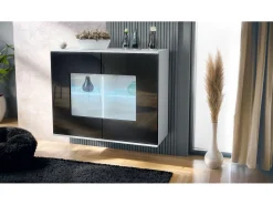 Cómoda Grömitz V3, Moderno armario de cocina con 2 grandes puertas de cristal incl. iluminación RGB blanco mate / negro de alto brillo (92,5 x 73.5 x 35)