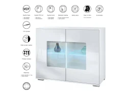Cómoda Grömitz V3, Moderno armario de cocina con 2 grandes puertas de cristal incl. iluminación RGB blanco mate / burdeos de alto brillo (92,5 x 75.5 x 35)