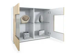 Cómoda Grömitz V3, Moderno armario de cocina con 2 grandes puertas de cristal incl. iluminación RGB blanco mate / burdeos de alto brillo (92,5 x 75.5 x 35)