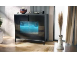 Cómoda Grömitz V3, Moderno armario de cocina con 2 grandes puertas de cristal incl. iluminación RGB antracita mate / negro de alto brillo (92,5 x 83.5 x 35)