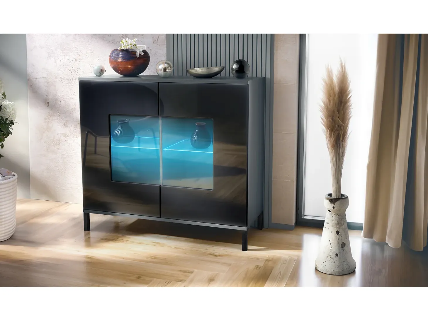 Cómoda Grömitz V3, Moderno armario de cocina con 2 grandes puertas de cristal incl. iluminación RGB antracita mate / negro de alto brillo (92,5 x 83.5 x 35)