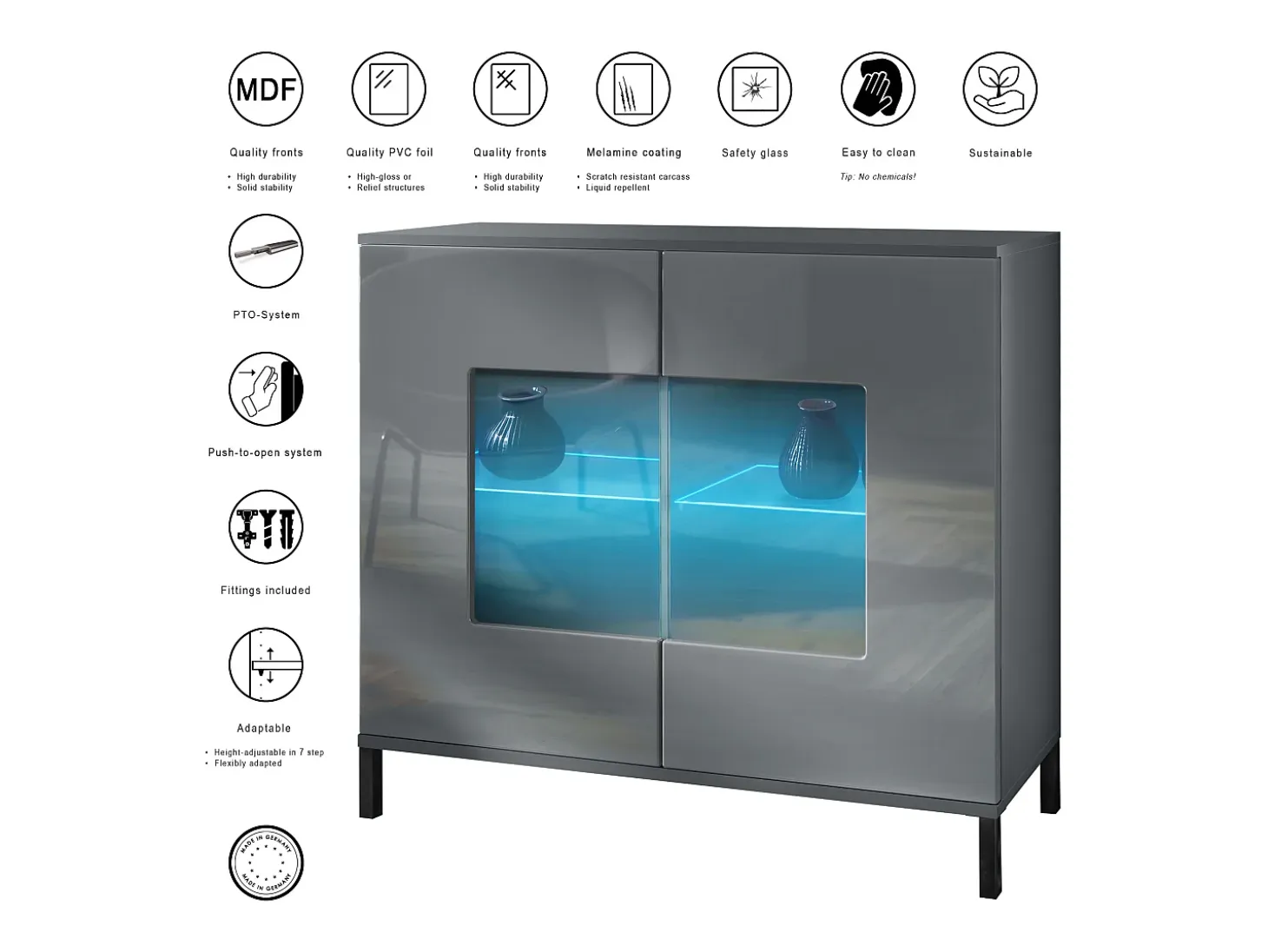 Cómoda Grömitz V3, Moderno armario de cocina con 2 grandes puertas de cristal incl. iluminación RGB antracita mate / negro de alto brillo (92,5 x 83.5 x 35)