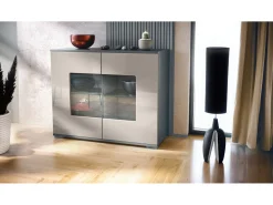 Cómoda Grömitz V3, Moderno armario de cocina con 2 grandes puertas de cristal antracita mate / gris arena de alto brillo (92,5 x 75.5 x 35)