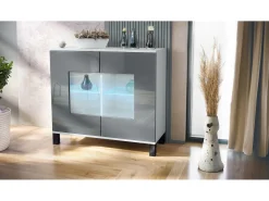 Cómoda Grömitz V3, Moderno armario de cocina con 2 grandes puertas de cristal incl. iluminación RGB blanco mate / gris de alto brillo (92,5 x 84.5 x 35)