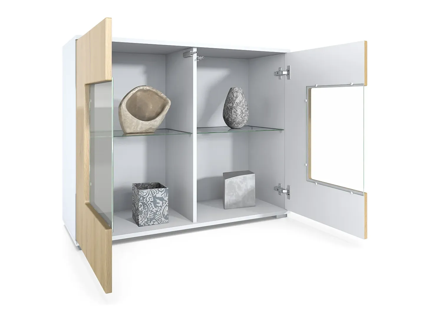 Cómoda Grömitz V3, Moderno armario de cocina con 2 grandes puertas de cristal blanco mate / blanco de alto brillo (92,5 x 75.5 x 35)