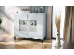 Cómoda Grömitz V3, Moderno armario de cocina con 2 grandes puertas de cristal blanco mate / blanco de alto brillo (92,5 x 83.5 x 35)