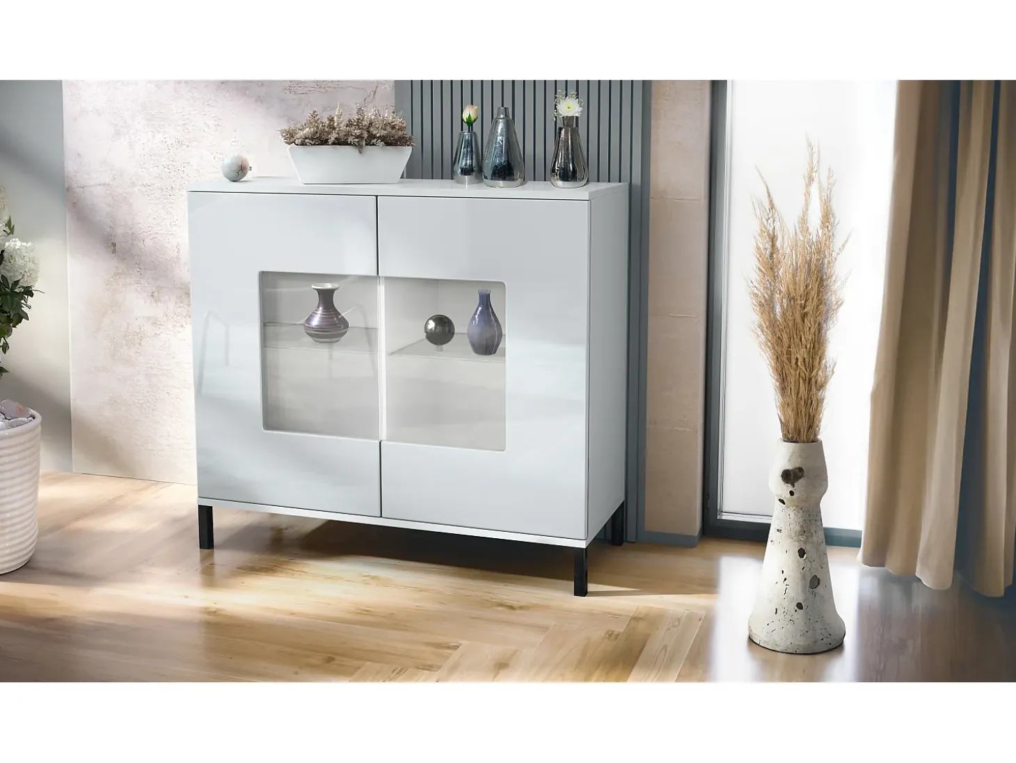Cómoda Grömitz V3, Moderno armario de cocina con 2 grandes puertas de cristal blanco mate / blanco de alto brillo (92,5 x 83.5 x 35)