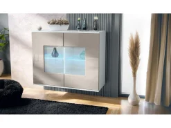 Cómoda Grömitz V3, Moderno armario de cocina con 2 grandes puertas de cristal incl. iluminación RGB blanco mate / gris arena de alto brillo (92,5 x 73.5 x 35)