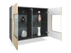 Cómoda Grömitz V3, Moderno armario de cocina con 2 grandes puertas de cristal antracita mate / burdeos de alto brillo (92,5 x 73.5 x 35)