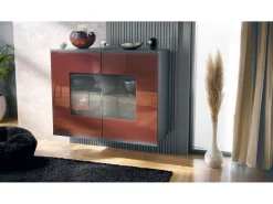 Cómoda Grömitz V3, Moderno armario de cocina con 2 grandes puertas de cristal antracita mate / burdeos de alto brillo (92,5 x 73.5 x 35)