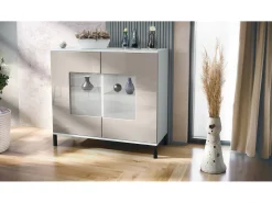 Cómoda Grömitz V3, Moderno armario de cocina con 2 grandes puertas de cristal blanco mate / gris arena de alto brillo (92,5 x 83.5 x 35)