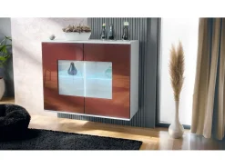 Cómoda Grömitz V3, Moderno armario de cocina con 2 grandes puertas de cristal incl. iluminación RGB blanco mate / burdeos de alto brillo (92,5 x 73.5 x 35)