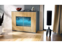 Cómoda Grömitz V3, Moderno armario de cocina con 2 grandes puertas de cristal incl. iluminación RGB antracita mate / roble natural (92,5 x 75.5 x 35)