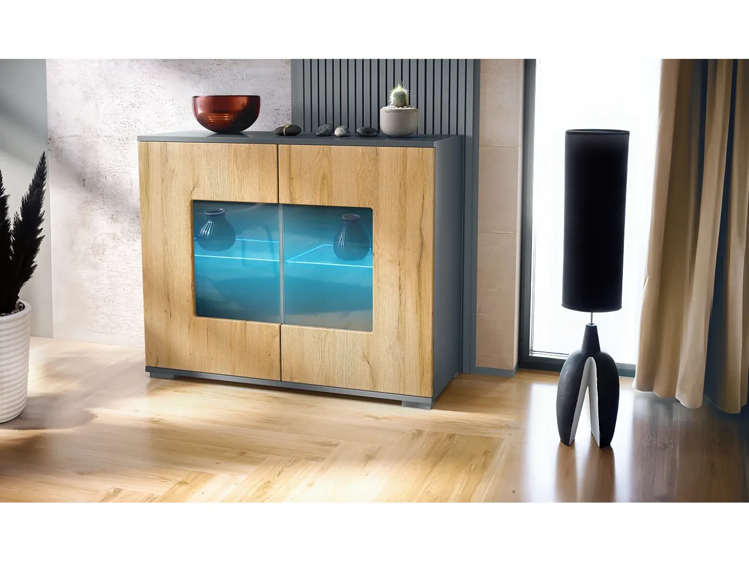 Cómoda Grömitz V3, Moderno armario de cocina con 2 grandes puertas de cristal incl. iluminación RGB antracita mate / roble natural (92,5 x 75.5 x 35)