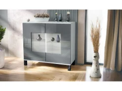 Cómoda Grömitz V3, Moderno armario de cocina con 2 grandes puertas de cristal blanco mate / gris de alto brillo (92,5 x 84.5 x 35)