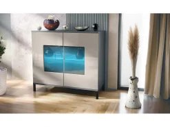 Cómoda Grömitz V3, Moderno armario de cocina con 2 grandes puertas de cristal incl. iluminación RGB antracita mate / gris arena de alto brillo (92,5 x 83.5 x 35)