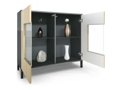 Cómoda Grömitz V3, Moderno armario de cocina con 2 grandes puertas de cristal incl. iluminación RGB antracita mate / gris arena de alto brillo (92,5 x 83.5 x 35)