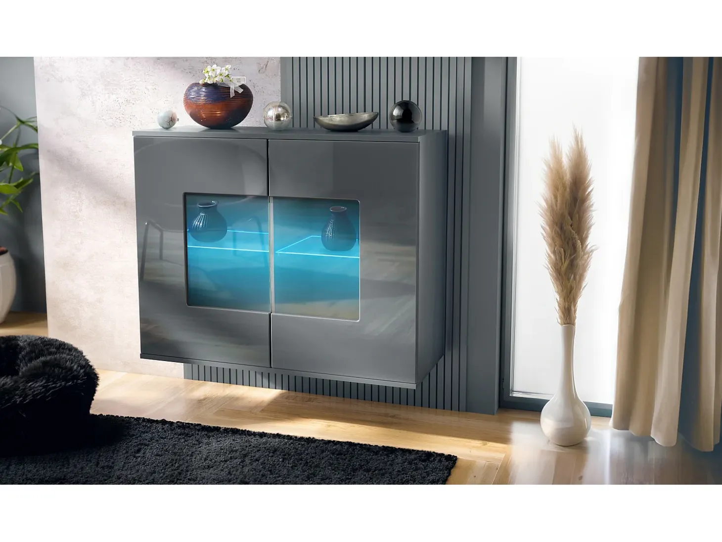 Cómoda Grömitz V3, Moderno armario de cocina con 2 grandes puertas de cristal incl. iluminación RGB antracita mate / gris de alto brillo (92,5 x 73.5 x 35)