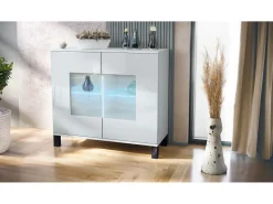 Cómoda Grömitz V3, Moderno armario de cocina con 2 grandes puertas de cristal incl. iluminación RGB blanco mate / blanco de alto brillo (92,5 x 84.5 x 35)