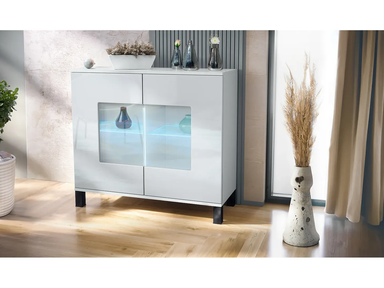 Cómoda Grömitz V3, Moderno armario de cocina con 2 grandes puertas de cristal incl. iluminación RGB blanco mate / blanco de alto brillo (92,5 x 84.5 x 35)