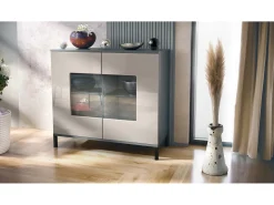 Cómoda Grömitz V3, Moderno armario de cocina con 2 grandes puertas de cristal antracita mate / gris arena de alto brillo (92,5 x 83.5 x 35)