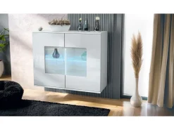 Cómoda Grömitz V3, Moderno armario de cocina con 2 grandes puertas de cristal incl. iluminación RGB blanco mate / blanco de alto brillo (92,5 x 73.5 x 35)