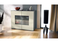 Cómoda Grömitz V3, Moderno armario de cocina con 2 grandes puertas de cristal antracita mate / crema de alto brillo (92,5 x 75.5 x 35)