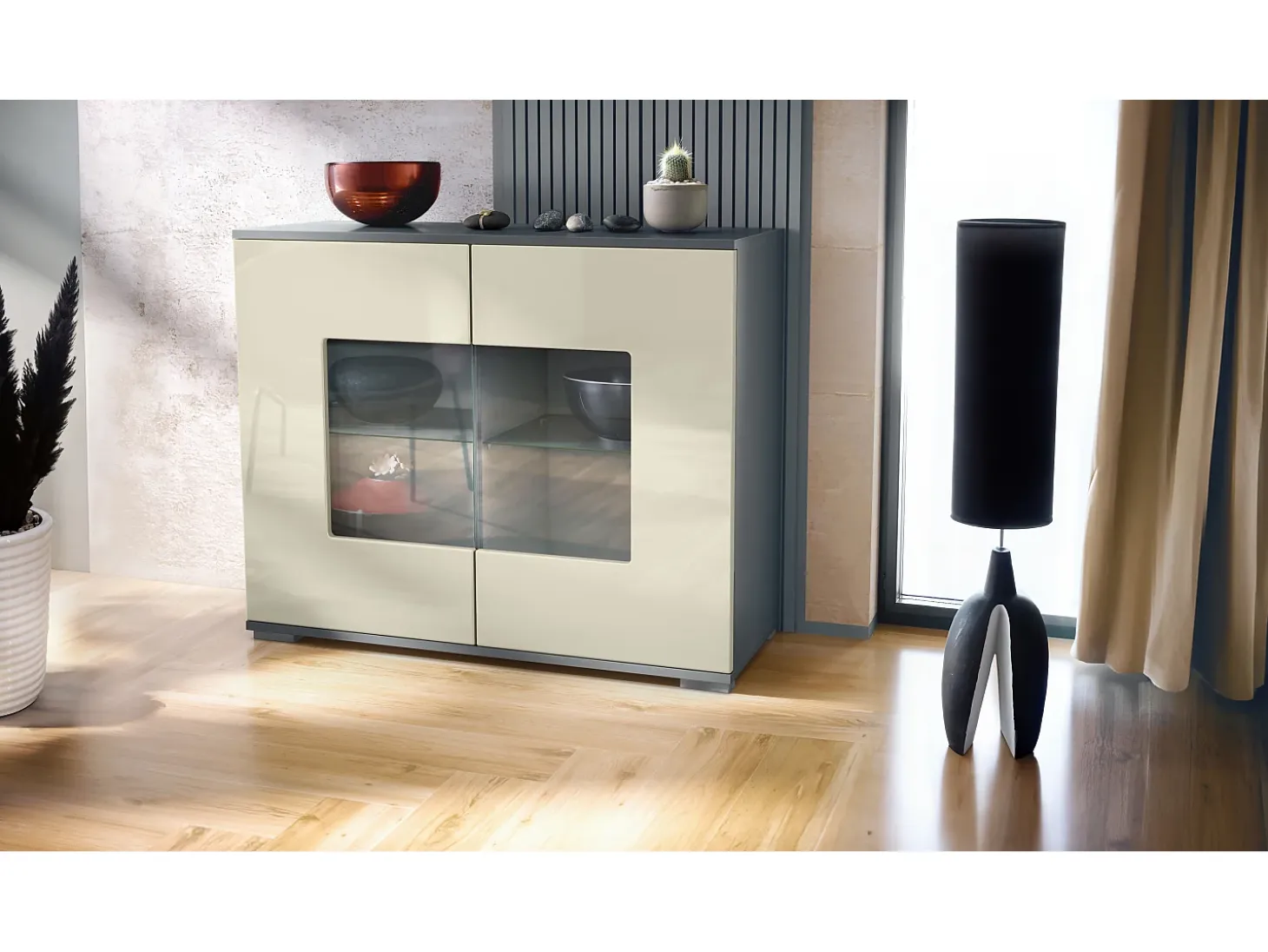 Cómoda Grömitz V3, Moderno armario de cocina con 2 grandes puertas de cristal antracita mate / crema de alto brillo (92,5 x 75.5 x 35)