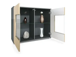 Cómoda Grömitz V3, Moderno armario de cocina con 2 grandes puertas de cristal antracita mate / crema de alto brillo (92,5 x 75.5 x 35)