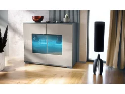 Cómoda Grömitz V3, Moderno armario de cocina con 2 grandes puertas de cristal incl. iluminación RGB antracita mate / gris arena de alto brillo (92,5 x 75.5 x 35)
