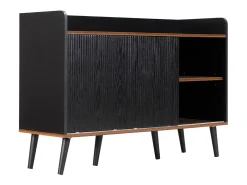 Cómoda moderna de madera con puertas correderas, mueble de 3 cajones, color negro y madera oscura.
