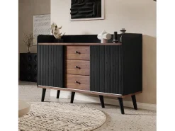 Cómoda moderna de madera con puertas correderas, mueble de 3 cajones, color negro y madera oscura.