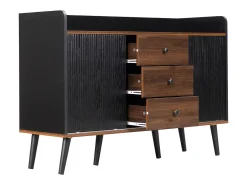 Cómoda moderna de madera con puertas correderas, mueble de 3 cajones, color negro y madera oscura.