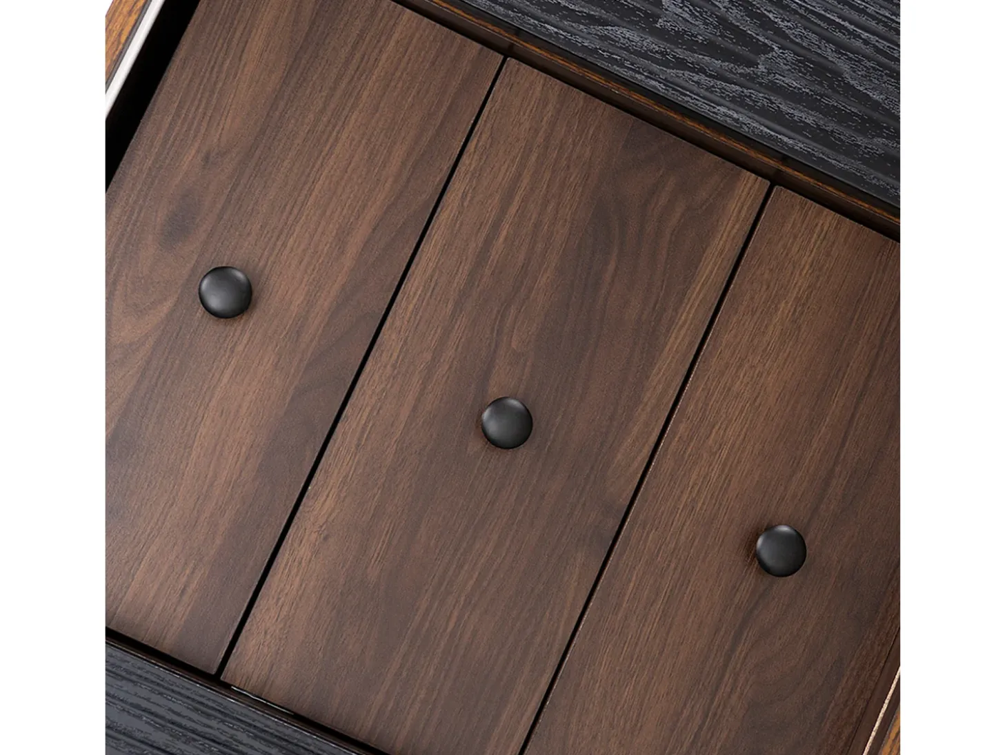 Cómoda moderna de madera con puertas correderas, mueble de 3 cajones, color negro y madera oscura.