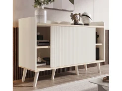 Cómoda moderna de madera con puertas correderas, mueble de 3 cajones, color blanco y madera oscura.