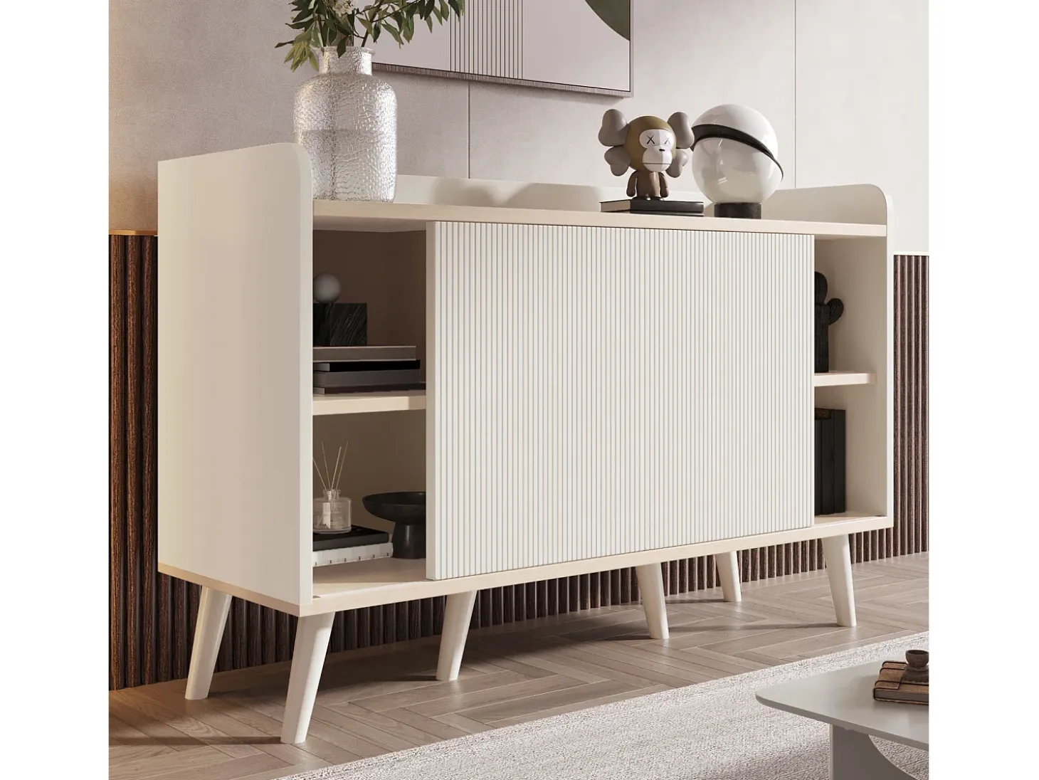 Cómoda moderna de madera con puertas correderas, mueble de 3 cajones, color blanco y madera oscura.