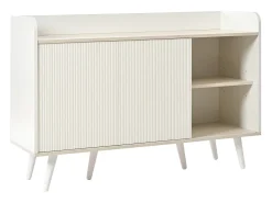 Cómoda moderna de madera con puertas correderas, mueble de 3 cajones, color blanco y madera oscura.