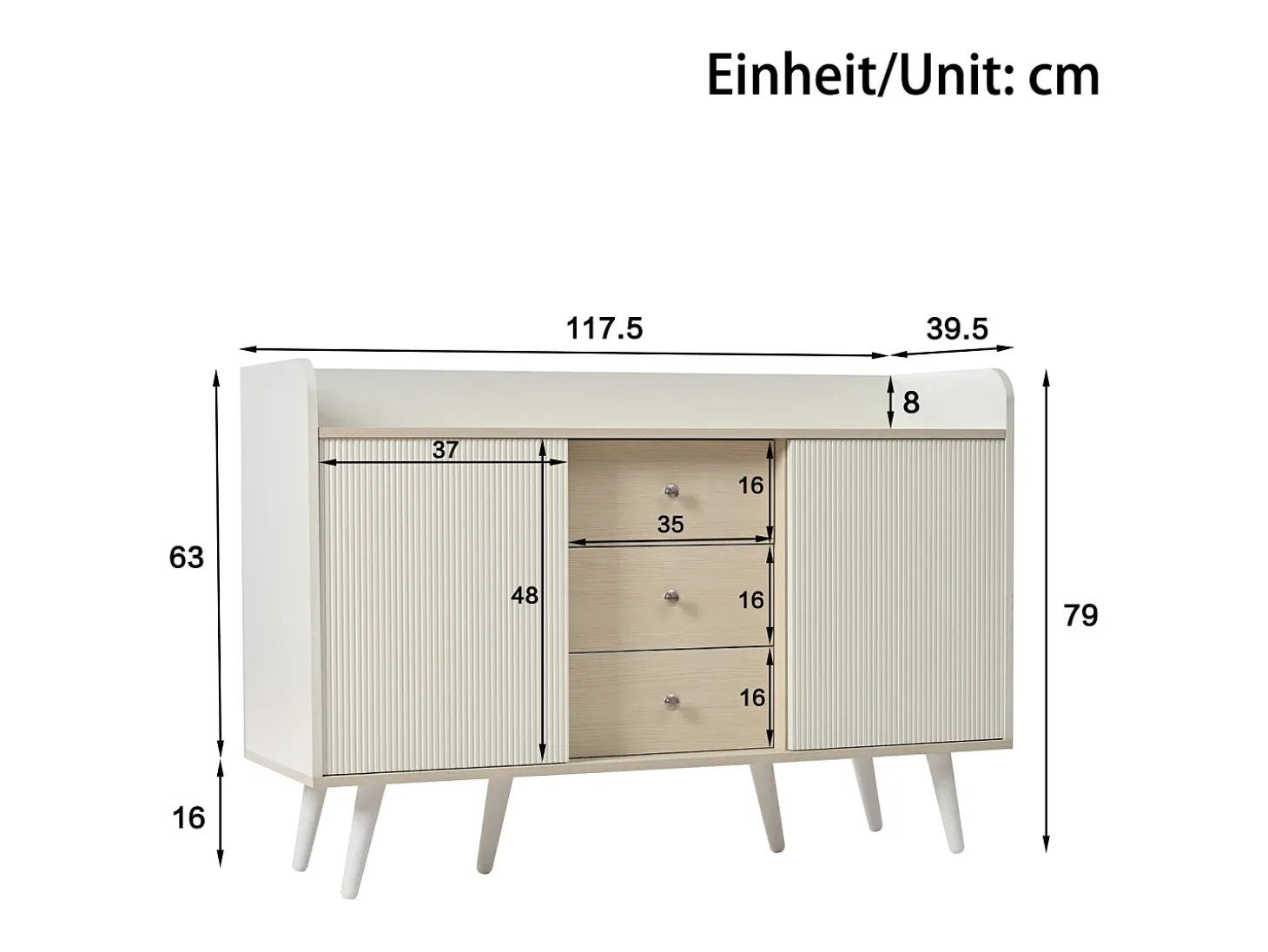 Cómoda moderna de madera con puertas correderas, mueble de 3 cajones, color blanco y madera oscura.