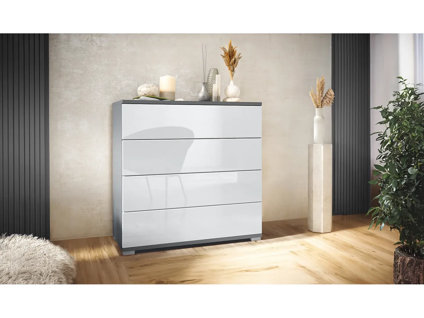 Cómoda Pavos V3, Aparador con 4 cajones antracita mate/blanco de alto brillo (76 x 76 x 35 cm)
