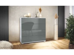 Cómoda Pavos V3, Aparador con 4 cajones blanco mate/gris de alto brillo (76 x 76 x 35 cm)