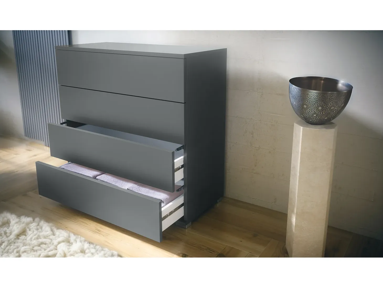 Cómoda Pavos V3, Aparador con 4 cajones antracita mate/hormigón oxidado (76 x 76 x 35 cm)