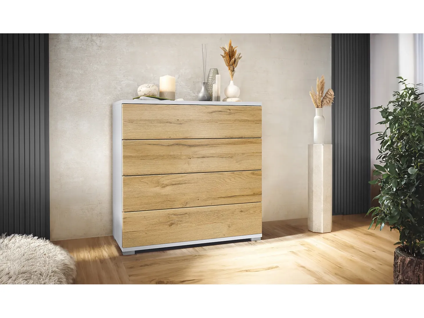Cómoda Pavos V3, Aparador con 4 cajones blanco mate/roble natural (76 x 76 x 35 cm)
