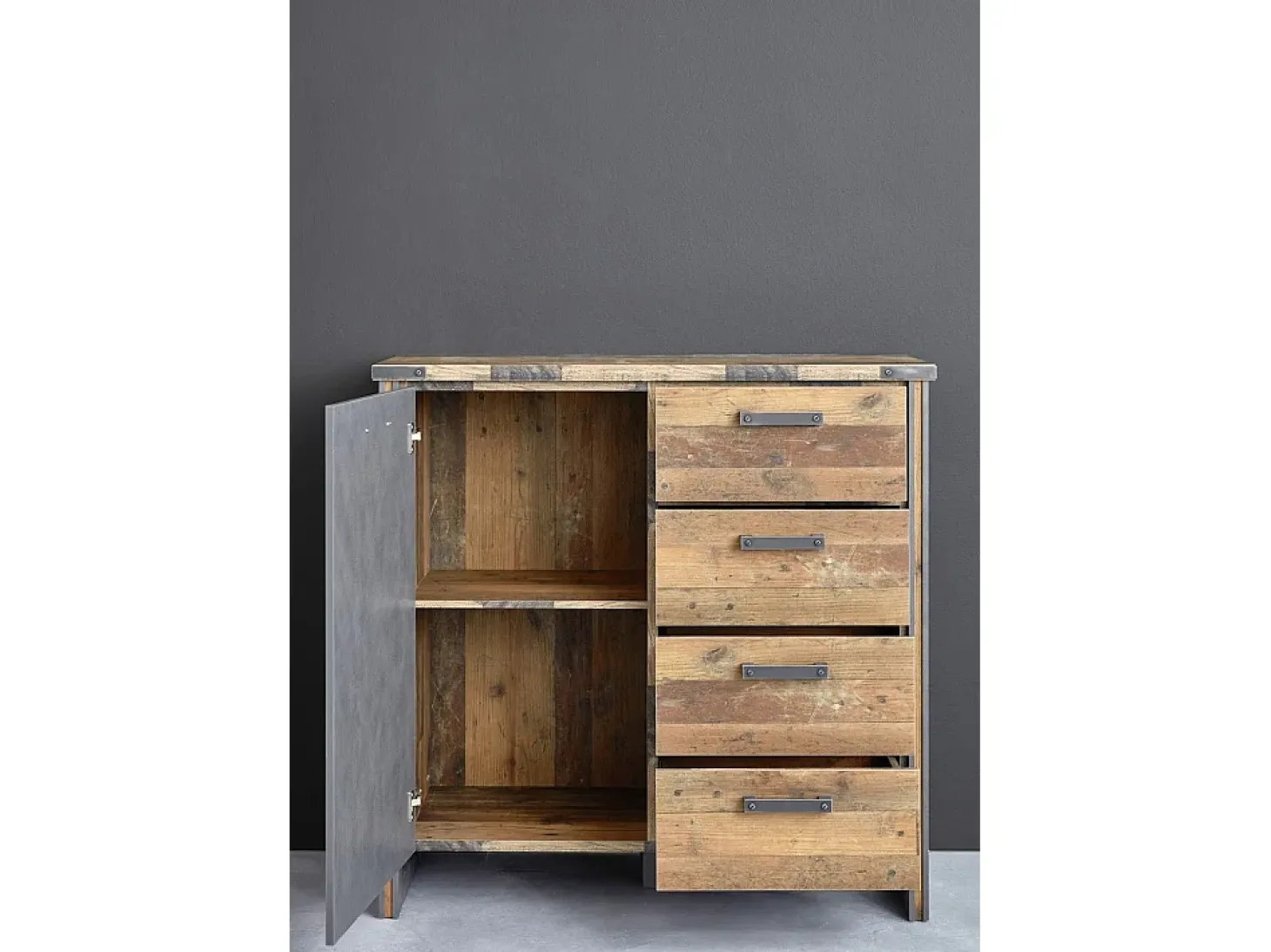 Cómoda vintage de madera vieja y gris con remaches