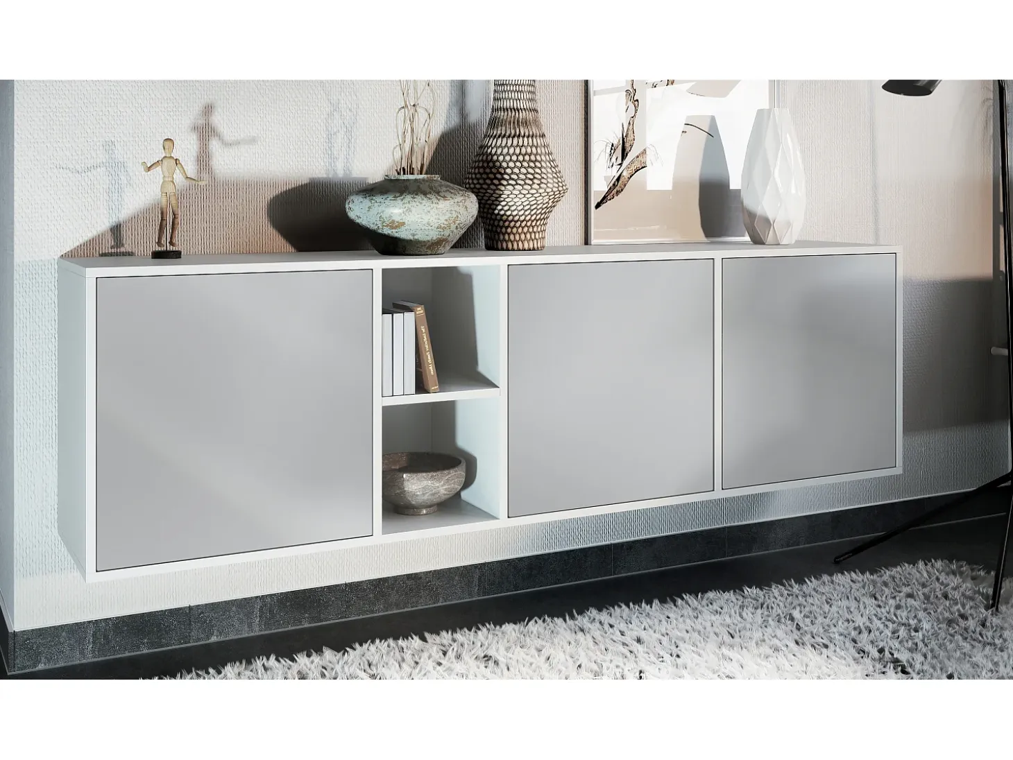 Cómoda Vladon Cuba - blanco mate/gris claro satinado - Aparador moderno para su salón - (AnxAlxPr) 182x53x35 cm