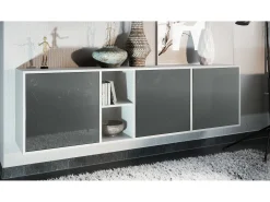 Cómoda Vladon Cuba - blanco mate/gris de alto brillo - Aparador moderno para su salón - (AnxAlxPr) 182x53x35 cm