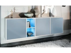 Cómoda Vladon Cuba - blanco mate/mezclilla mate con LED - Aparador moderno para su salón - (AnxAlxPr) 182x53x35 cm