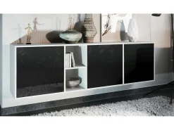 Cómoda Vladon Cuba - blanco mate/negro de alto brillo - Aparador moderno para su salón - (AnxAlxPr) 182x53x35 cm