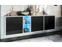 Cómoda Vladon Cuba - blanco mate/negro de alto brillo con LED - Aparador moderno para su salón - (AnxAlxPr) 182x53x35 cm