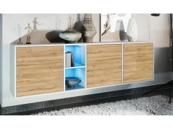 Cómoda Vladon Cuba - blanco mate/roble natural con LED - Aparador moderno para su salón - (AnxAlxPr) 182x53x35 cm