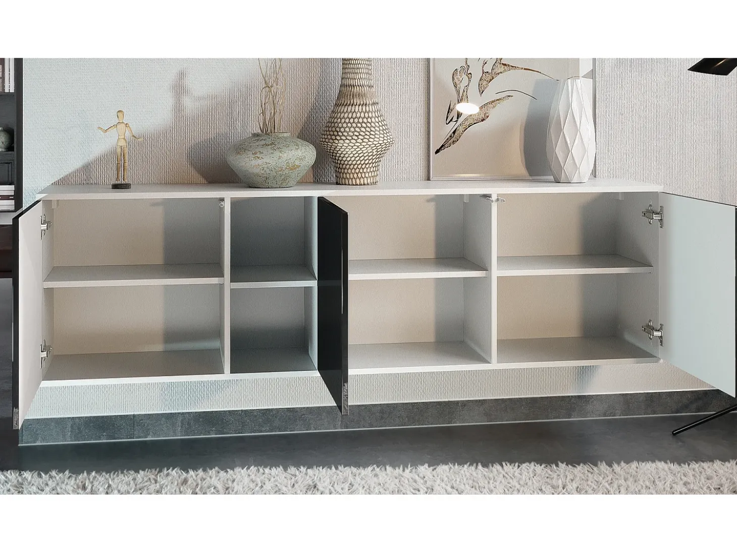Cómoda Vladon Cuba - blanco mate/negro mate con LED - Aparador moderno para su salón - (AnxAlxPr) 182x53x35 cm